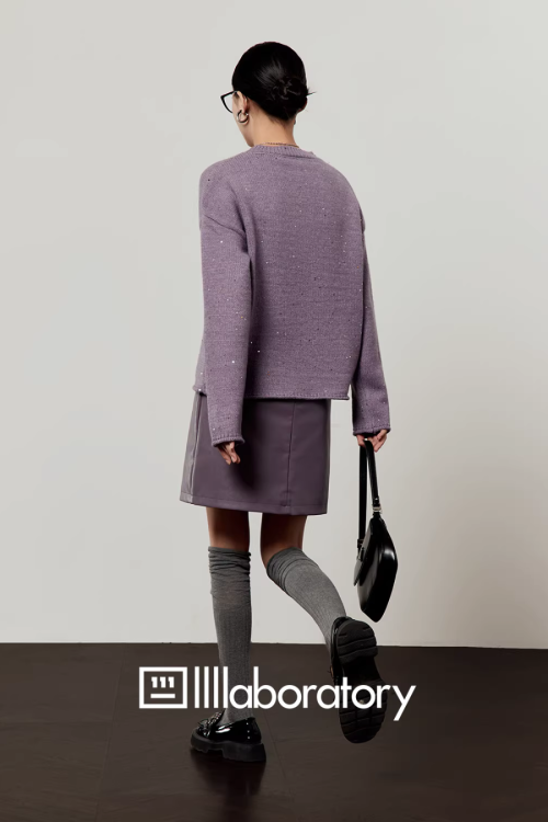 Embroidered Sequin Knit Top / Purple Mini Skirt
