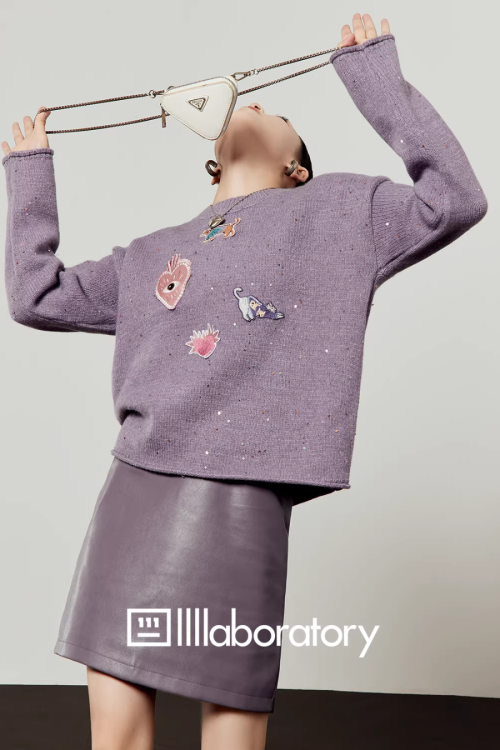Embroidered Sequin Knit Top / Purple Mini Skirt