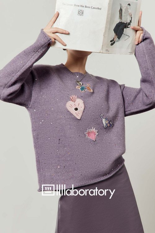 Embroidered Sequin Knit Top / Purple Mini Skirt