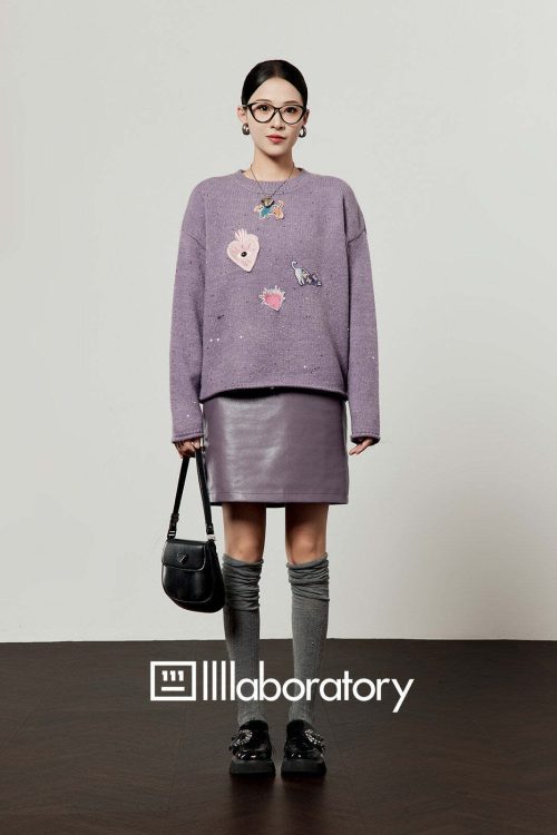Embroidered Sequin Knit Top / Purple Mini Skirt