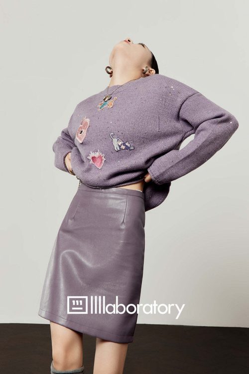 Embroidered Sequin Knit Top / Purple Mini Skirt