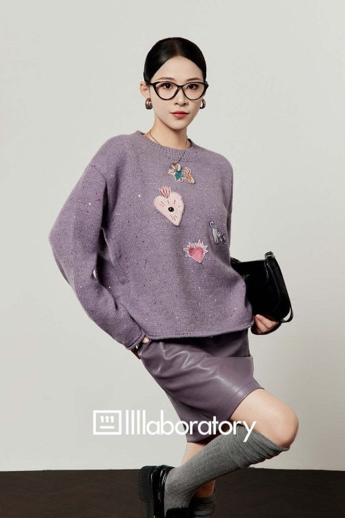 Embroidered Sequin Knit Top / Purple Mini Skirt