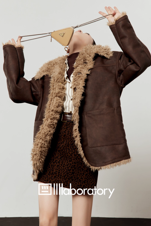 Faux Mouton Coat / Leopard Print Mini Skirt