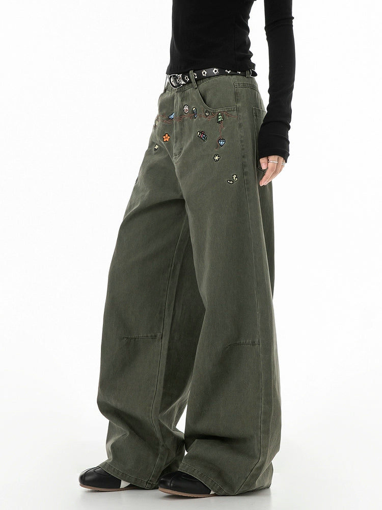 Floral Embroidery Wide Denim Pants