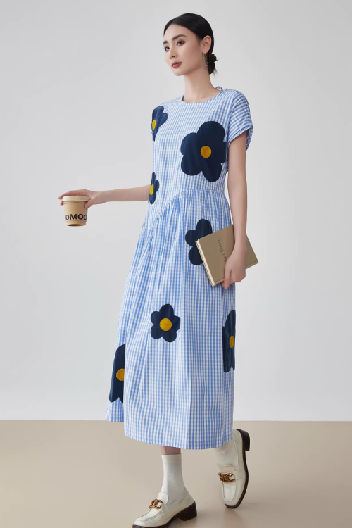 Floral Plaid Short-Sleeve Shirt Dress