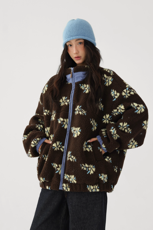 Floral Stand Collar Fleece Jacket