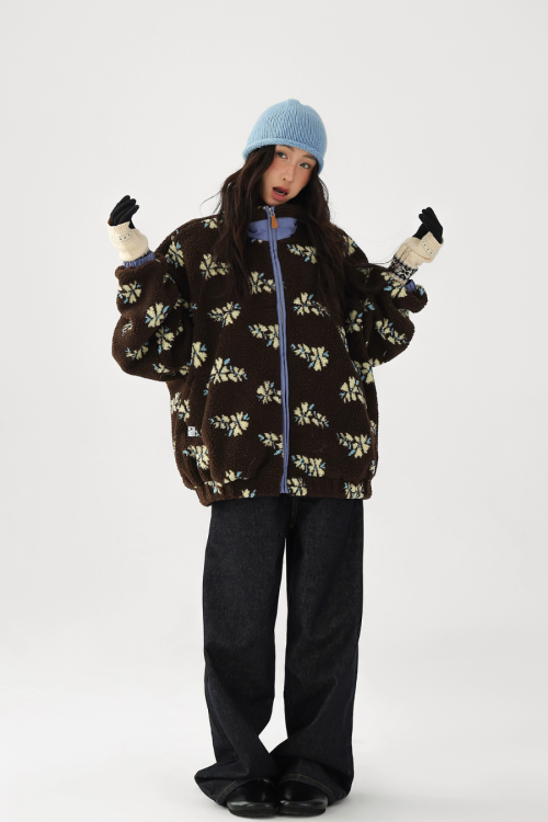 Floral Stand Collar Fleece Jacket