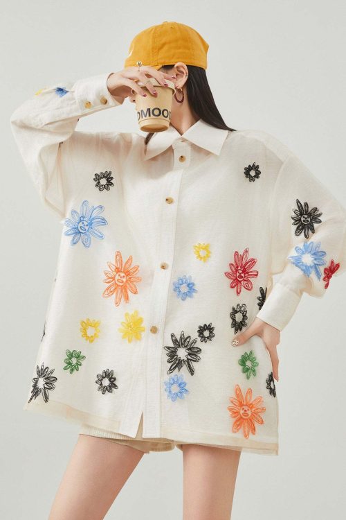 Flower Embroidered Long-Sleeve Shirt
