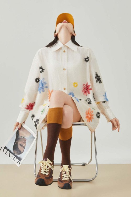 Flower Embroidered Long-Sleeve Shirt