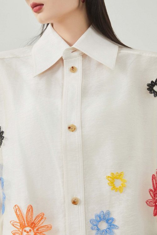 Flower Embroidered Long-Sleeve Shirt
