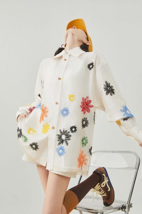 Flower Embroidered Long-Sleeve Shirt