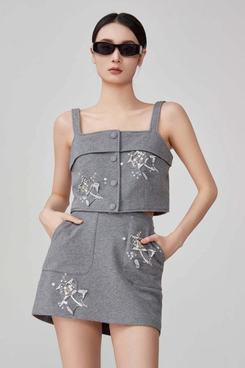 Flower Handmade Zip-Up Hoodie / Camisole / Mini Skirt