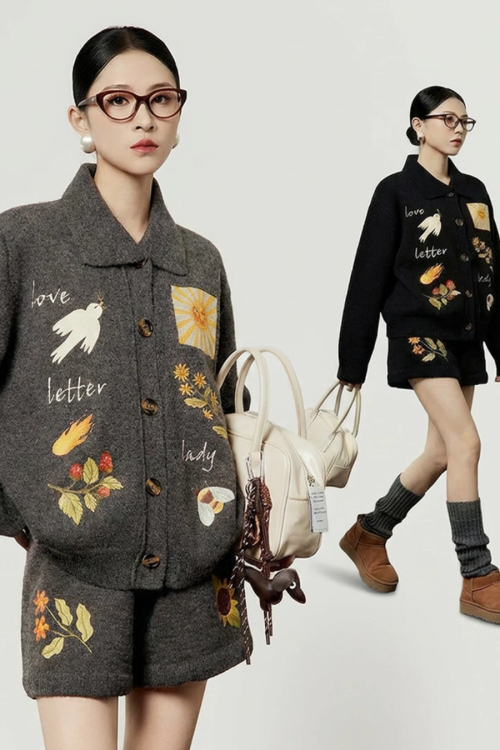 Flower Motif Knit Top / Knit Pants