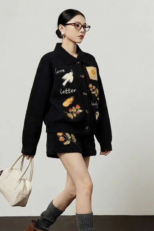 Flower Motif Knit Top / Knit Pants