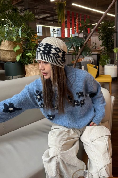 Flower Motif Knit Zip Jacket