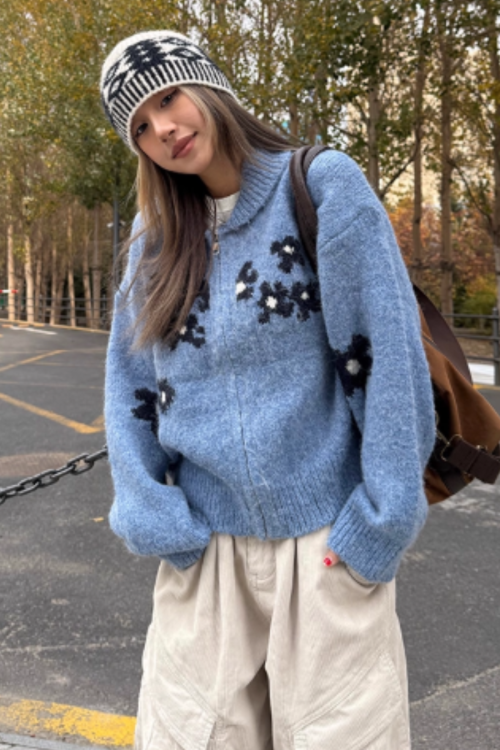 Flower Motif Knit Zip Jacket