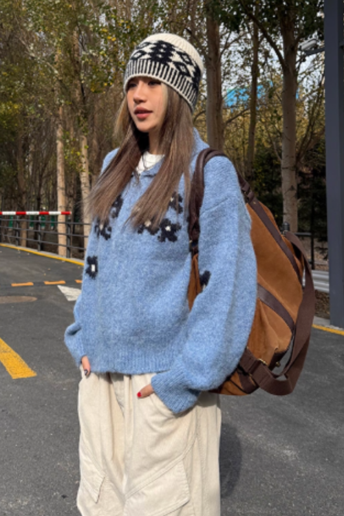 Flower Motif Knit Zip Jacket