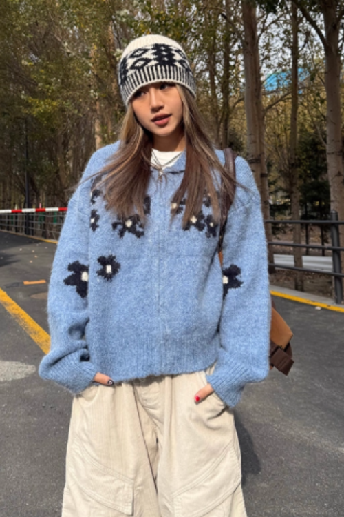 Flower Motif Knit Zip Jacket