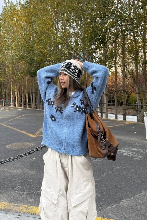 Flower Motif Knit Zip Jacket