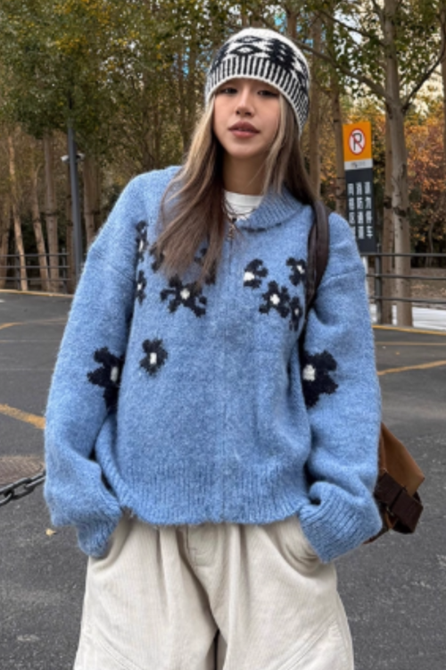 Flower Motif Knit Zip Jacket