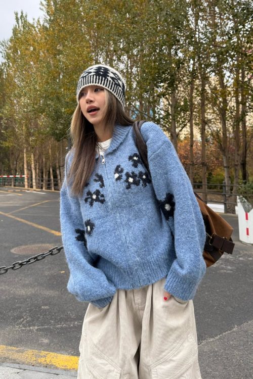 Flower Motif Knit Zip Jacket