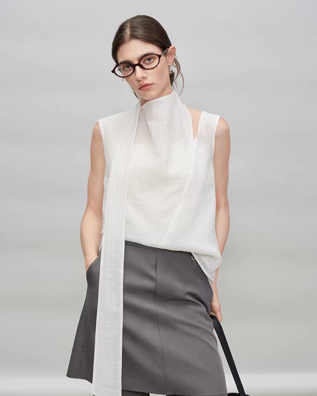 French Ribbon Sleeveless Top / Irregular Tulip Hem Skirt