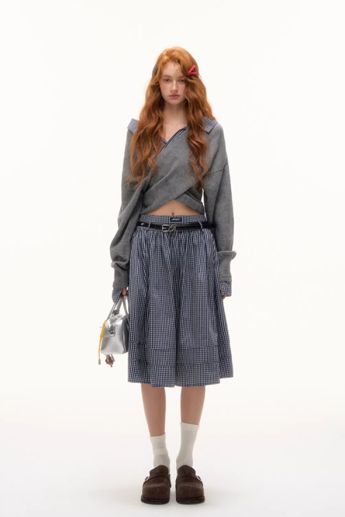 Front Wrap Knit Top / Gingham Check Skirt