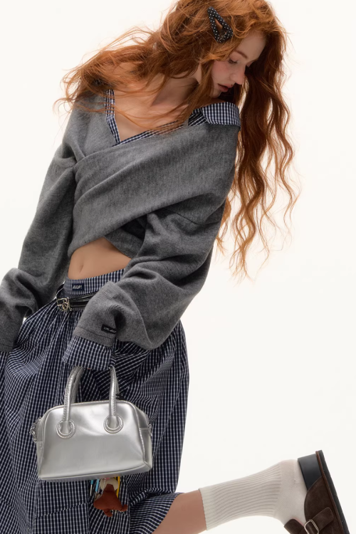 Front Wrap Knit Top / Gingham Check Skirt