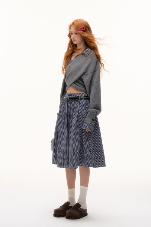 Front Wrap Knit Top / Gingham Check Skirt
