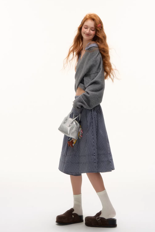 Front Wrap Knit Top / Gingham Check Skirt