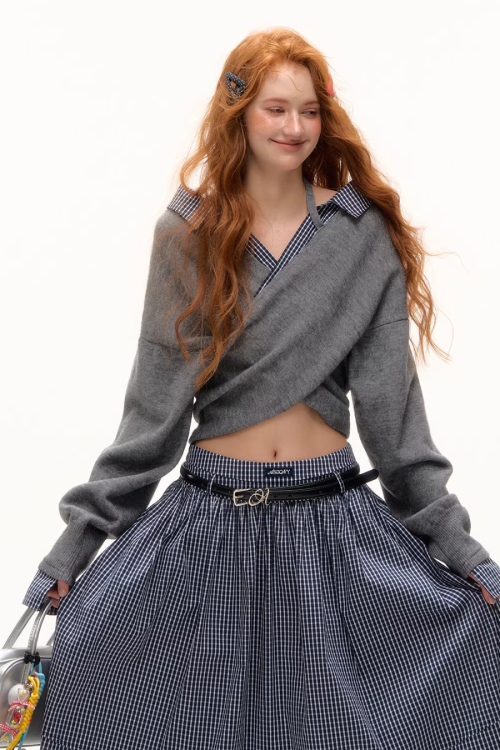Front Wrap Knit Top / Gingham Check Skirt