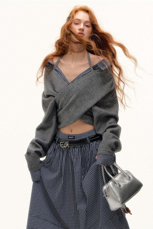 Front Wrap Knit Top / Gingham Check Skirt