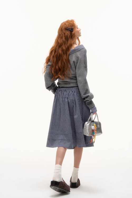 Front Wrap Knit Top / Gingham Check Skirt