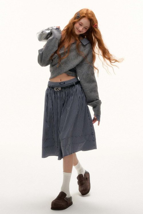 Front Wrap Knit Top / Gingham Check Skirt