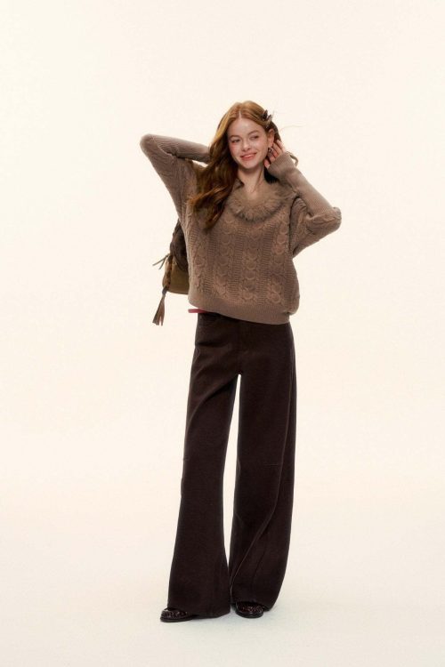 Fur Collar Cable Knit Top