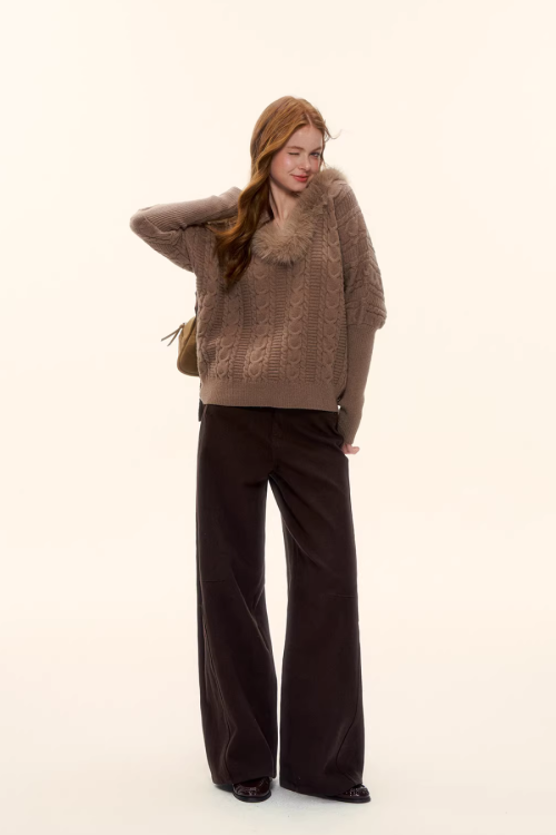 Fur Collar Cable Knit Top