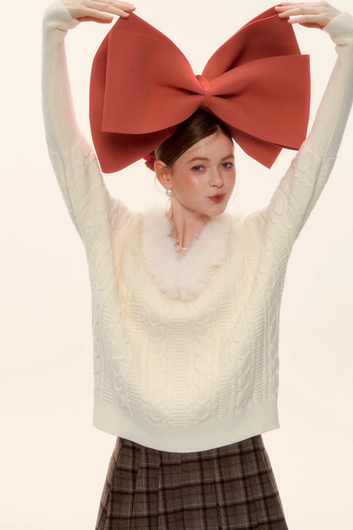 Fur Collar Cable Knit Top