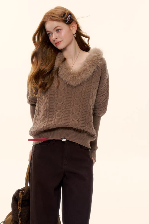 Fur Collar Cable Knit Top