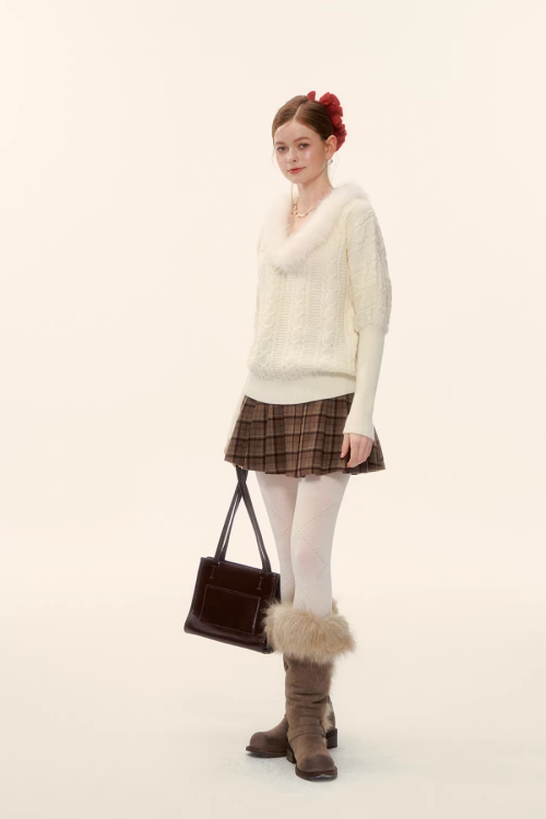 Fur Collar Cable Knit Top