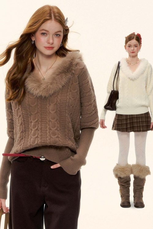 Fur Collar Cable Knit Top