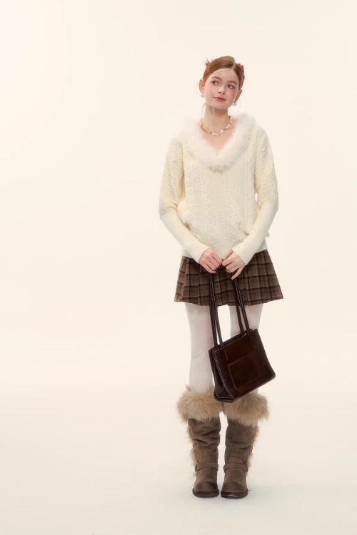 Fur Collar Cable Knit Top