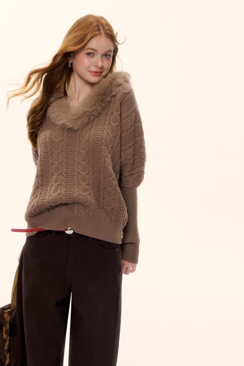 Fur Collar Cable Knit Top
