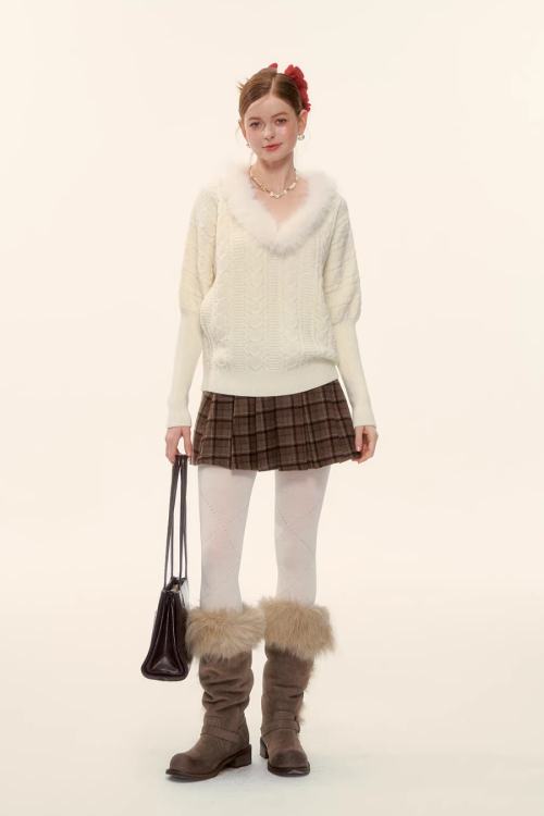 Fur Collar Cable Knit Top