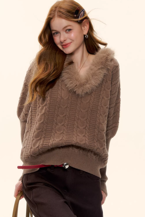 Fur Collar Cable Knit Top