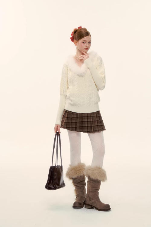 Fur Collar Cable Knit Top