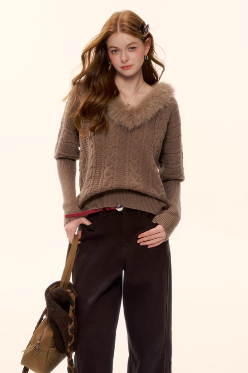 Fur Collar Cable Knit Top