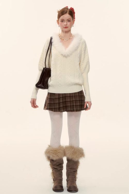 Fur Collar Cable Knit Top