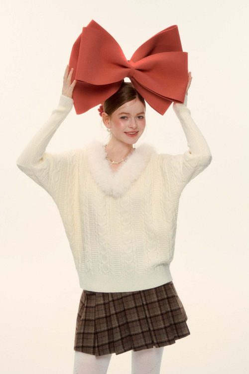 Fur Collar Cable Knit Top
