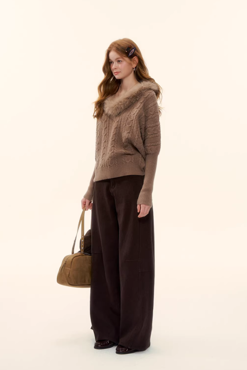 Fur Collar Cable Knit Top