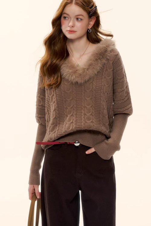 Fur Collar Cable Knit Top